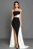 Load image into Gallery viewer, Black White Sheath Strapless Satin Maxi Formal Dress with Slit