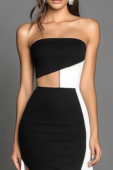 Black White Sheath Strapless Satin Maxi Formal Dress with Slit