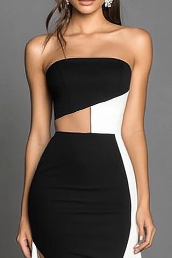 Black White Sheath Strapless Satin Maxi Formal Dress with Slit
