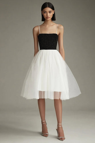 Black White A Line Tulle Spaghetti Straps Midi Graduation Dress