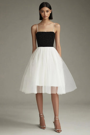 Black White A Line Tulle Spaghetti Straps Midi Graduation Dress