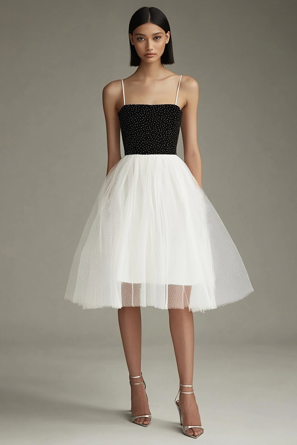 Black White A Line Tulle Spaghetti Straps Midi Graduation Dress