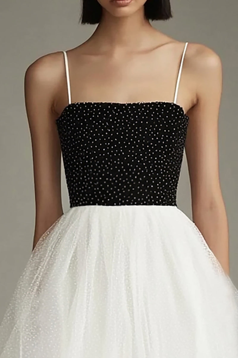 Load image into Gallery viewer, Black White A Line Tulle Spaghetti Straps Midi Graduation Dress