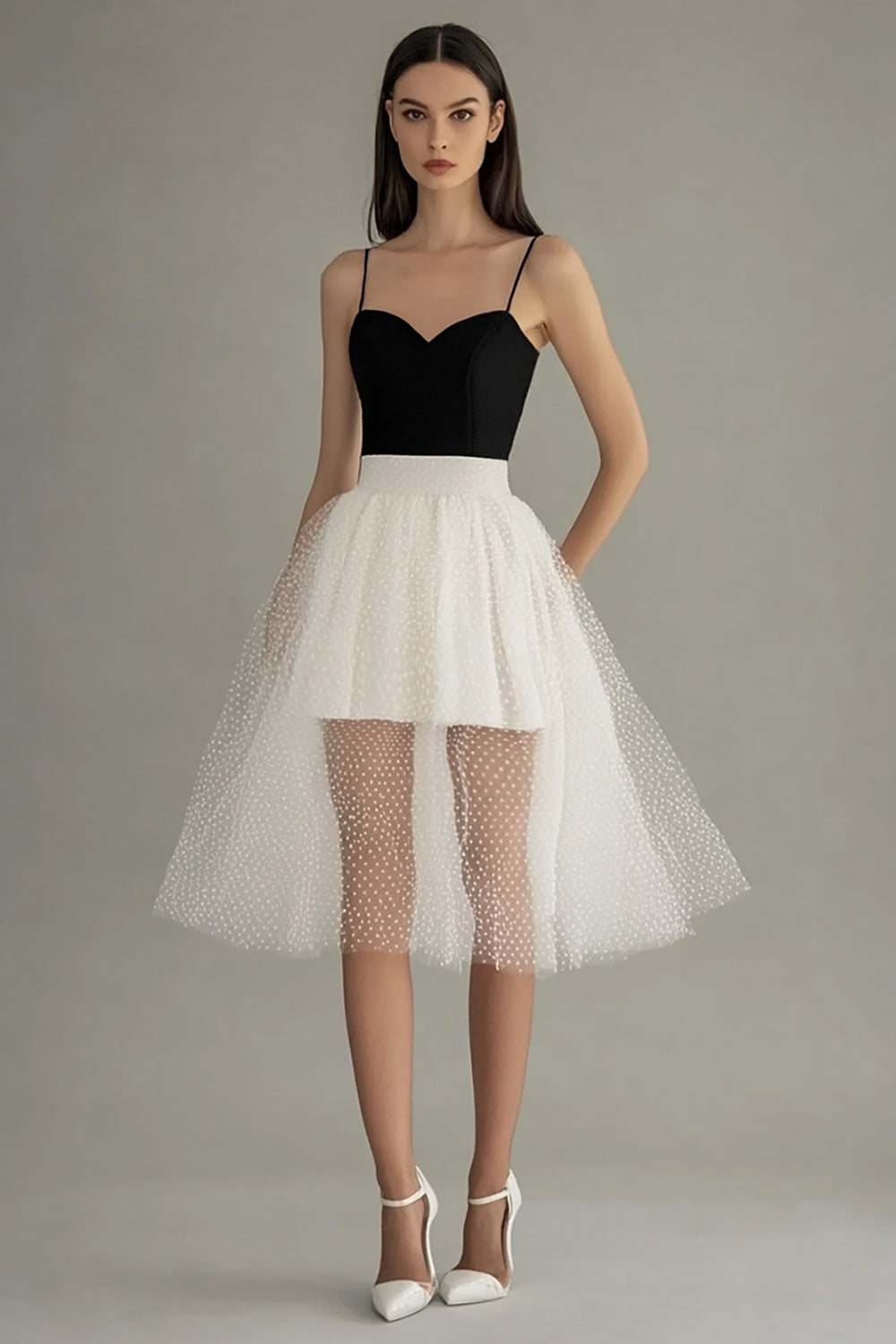 Black and White A Line Spaghetti Straps Tulle Graduation Dress