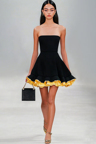 Black A Line Strapless Ruffled Satin Short Graduation Dress