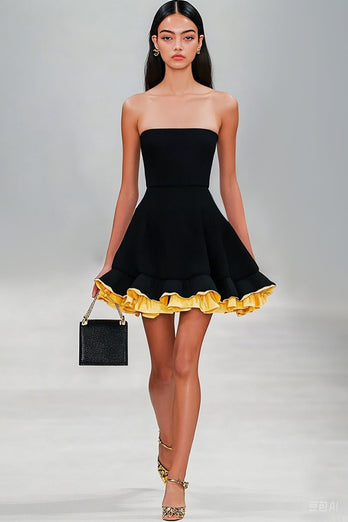 Black A Line Strapless Ruffled Satin Short Graduation Dress