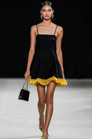Load image into Gallery viewer, Black A Line Spaghetti Straps Satin Short Graudation Dress with Ruffles