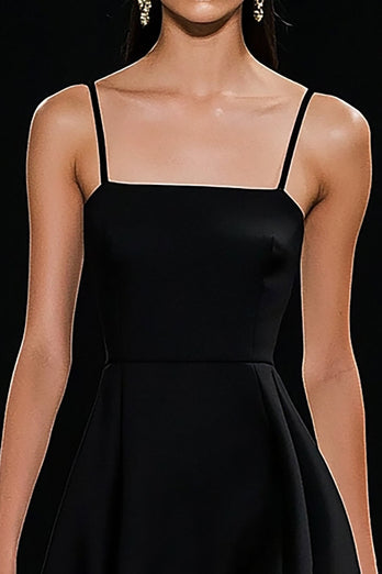 Black A Line Spaghetti Straps Satin Short Graudation Dress with Ruffles
