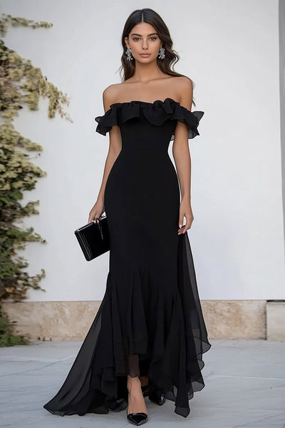 Black Mermaid Chiffon Maxi Formal Dress with Ruffles