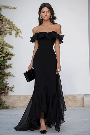 Black Mermaid Chiffon Maxi Formal Dress with Ruffles