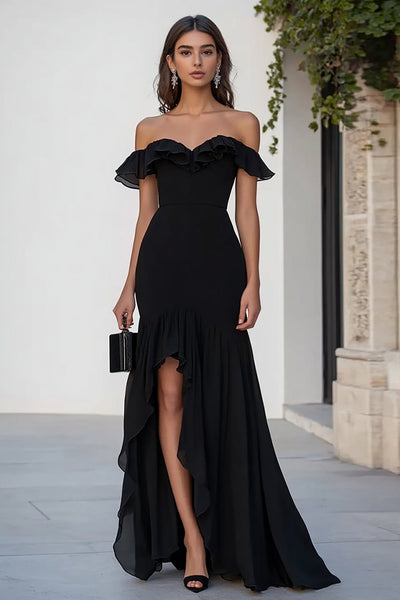 Black Chiffon Mermaid Off the Shoulder Maxi Formal Dress with Slit