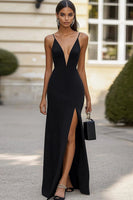 Load image into Gallery viewer, Black Sheath V-Neck Satin Maxi Formal Dress with Slit