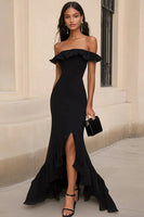 Load image into Gallery viewer, Black Ruffled Off the Shoulder Maxi Formal Dress with Slit