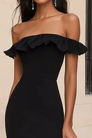 Load image into Gallery viewer, Black Ruffled Off the Shoulder Maxi Formal Dress with Slit