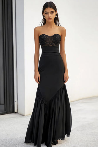 Black Sheath Sweetheart Maxi Formal Dress with Appliques