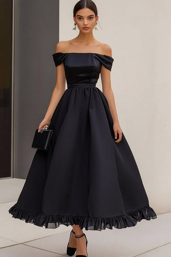 Black Satin A Line Maxi Formal Dress with Ruffles
