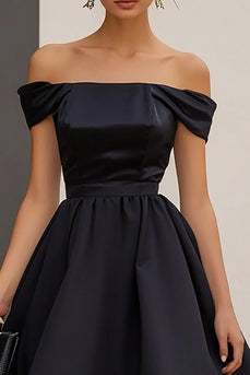 Black Satin A Line Maxi Formal Dress with Ruffles