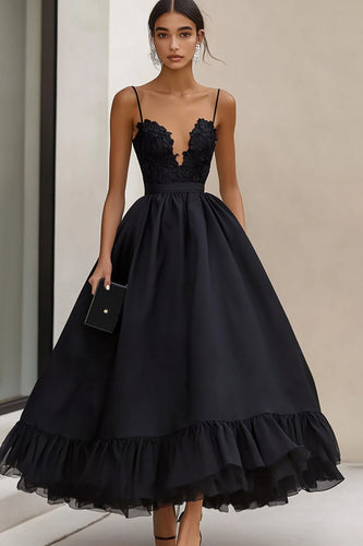Black Ruffled Satin A Line Maxi Formal Dress with Appliques