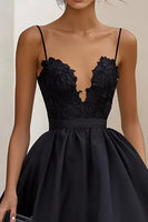 Load image into Gallery viewer, Black Ruffled Satin A Line Maxi Formal Dress with Appliques