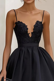Black Ruffled Satin A Line Maxi Formal Dress with Appliques