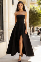 Load image into Gallery viewer, Black A Line Satin Maxi Formal Dress with Slit