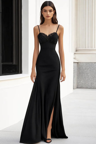 Black Satin Sheath Maxi Formal Dress with Appliques