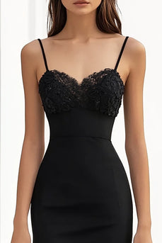 Black Satin Sheath Maxi Formal Dress with Appliques