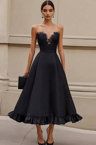 Black Satin Ruffled A Line Maxi Formal Dress with Appliques