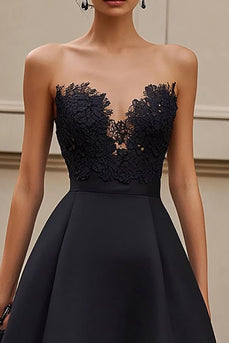 Black Satin Ruffled A Line Maxi Formal Dress with Appliques