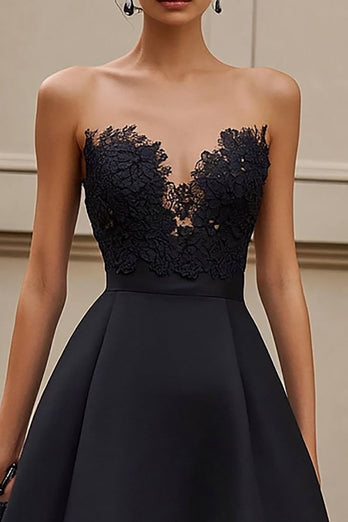 Black Satin Ruffled A Line Maxi Formal Dress with Appliques