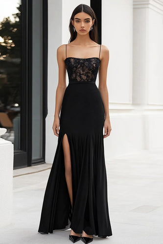 Black Sheath Spaghetti Straps Maxi Formal Dress with Appliques