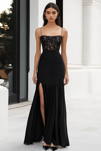 Black Sheath Spaghetti Straps Maxi Formal Dress with Appliques