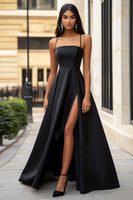 Load image into Gallery viewer, Black Satin Spaghetti Straps A Line Maxi Formal Dress with Slit