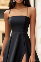 Load image into Gallery viewer, Black Satin Spaghetti Straps A Line Maxi Formal Dress with Slit