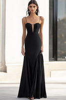 Load image into Gallery viewer, Black Sheath Spaghetti Straps Maxi Formal Dress with Appliques