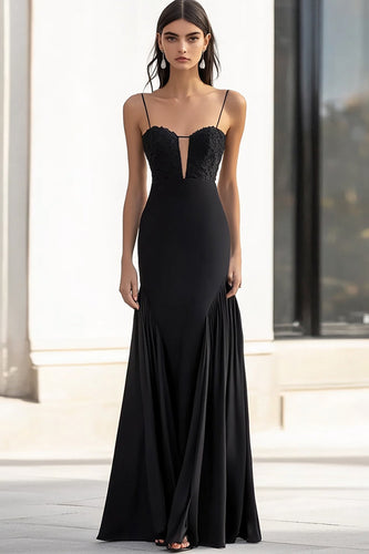 Black Sheath Spaghetti Straps Maxi Formal Dress with Appliques