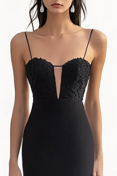 Black Sheath Spaghetti Straps Maxi Formal Dress with Appliques