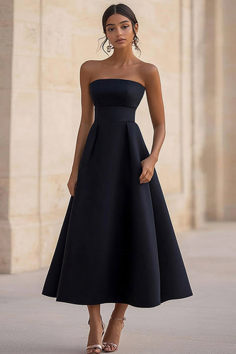 Black A Line Strapless Satin Maxi Formal Dress