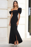 Load image into Gallery viewer, Black Satin Off the Shoulder Maxi Formal Dress with Slit