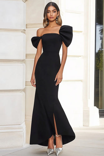 Black Satin Off the Shoulder Maxi Formal Dress with Slit
