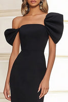 Load image into Gallery viewer, Black Satin Off the Shoulder Maxi Formal Dress with Slit