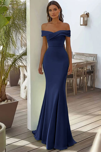 Navy Off the Shoulder Satin Ruched Mermaid Maxi Formal Dress