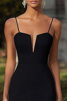 Black Sheath Satin Spaghetti Straps Maxi Formal Dress