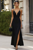 Load image into Gallery viewer, Black V-Neck Satin Sheath Maxi Formal Dress with Slit