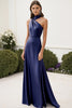 Load image into Gallery viewer, Navy Halter A Line Satin Ruched Maxi Formal Dress