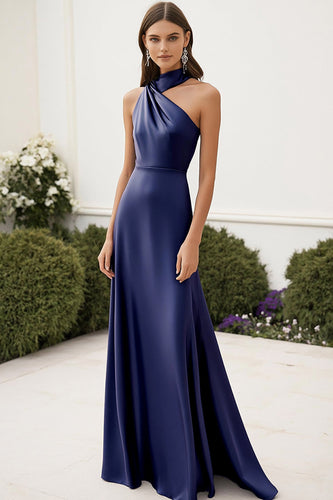 Navy Halter A Line Satin Ruched Maxi Formal Dress