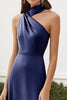 Load image into Gallery viewer, Navy Halter A Line Satin Ruched Maxi Formal Dress