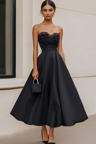 Black Strapless Satin A Line Maxi Formal Dress with Lace