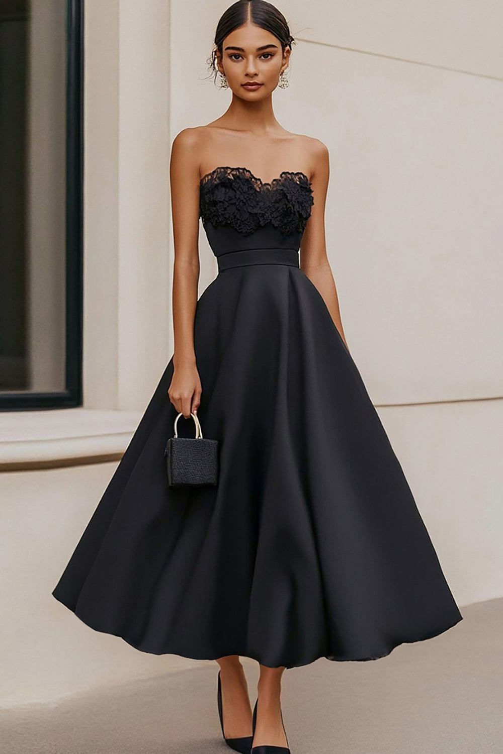 Black Strapless Satin A Line Maxi Formal Dress with Lace
