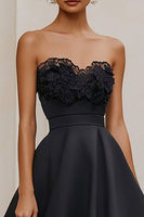 Load image into Gallery viewer, Black Strapless Satin A Line Maxi Formal Dress with Lace